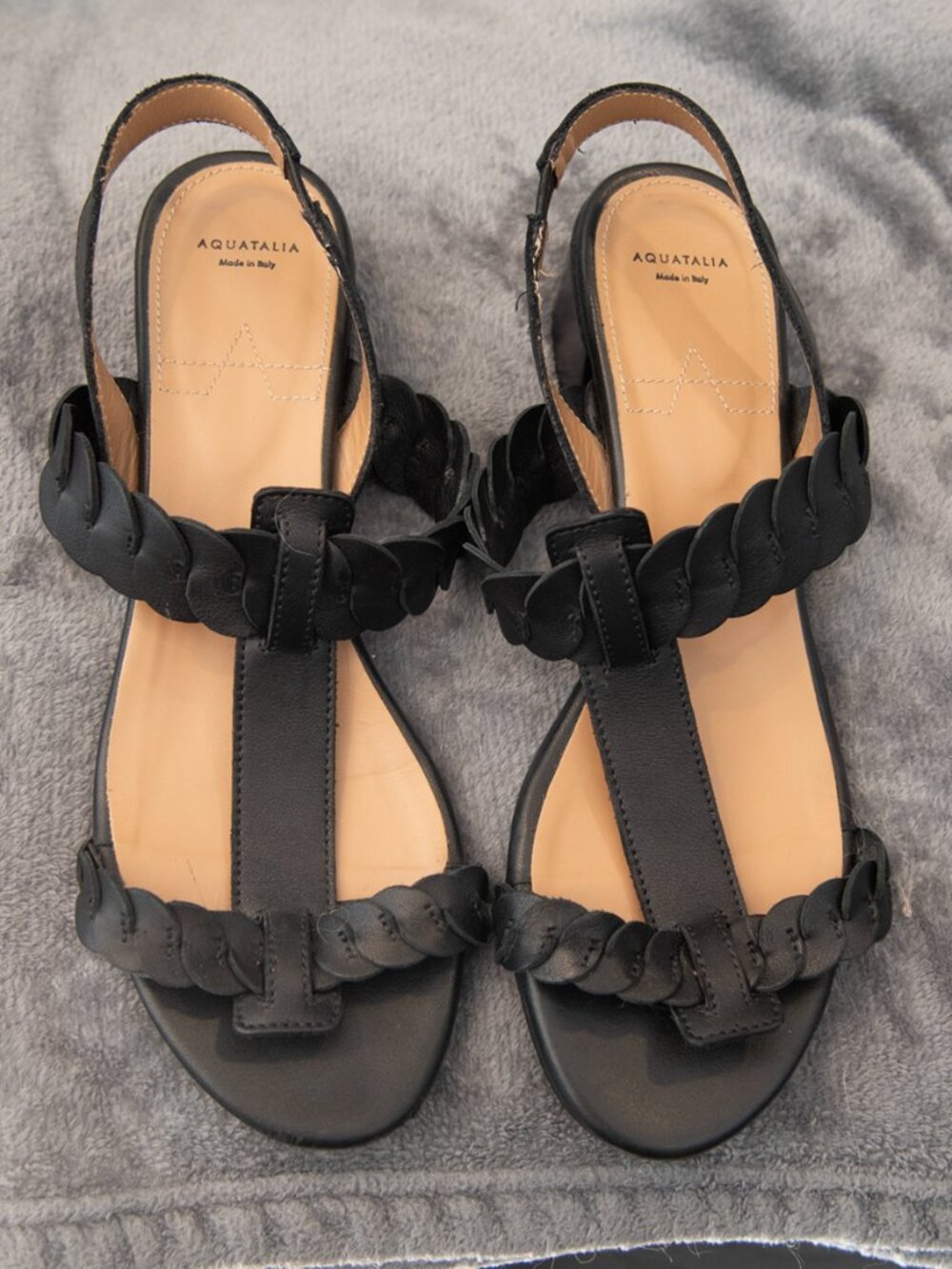 Aquatalia Black Leather Slingback Block Heel Sandals sz 9.5